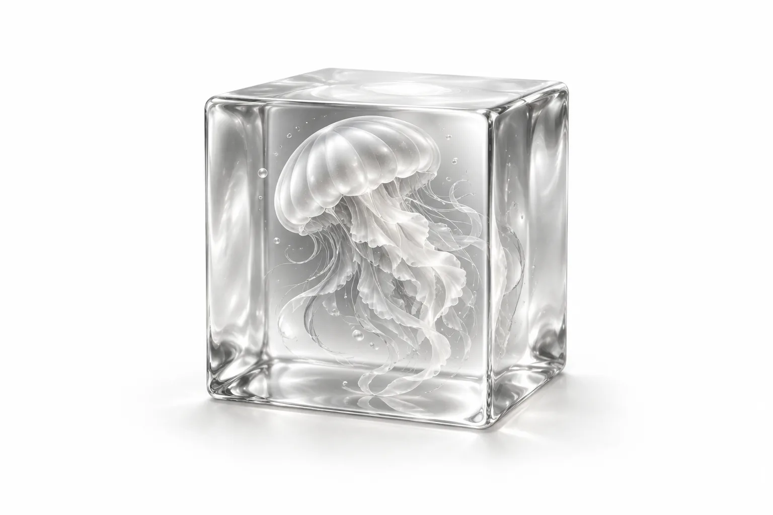 A silver jellyfish suspended inside a translucent glass cube.
