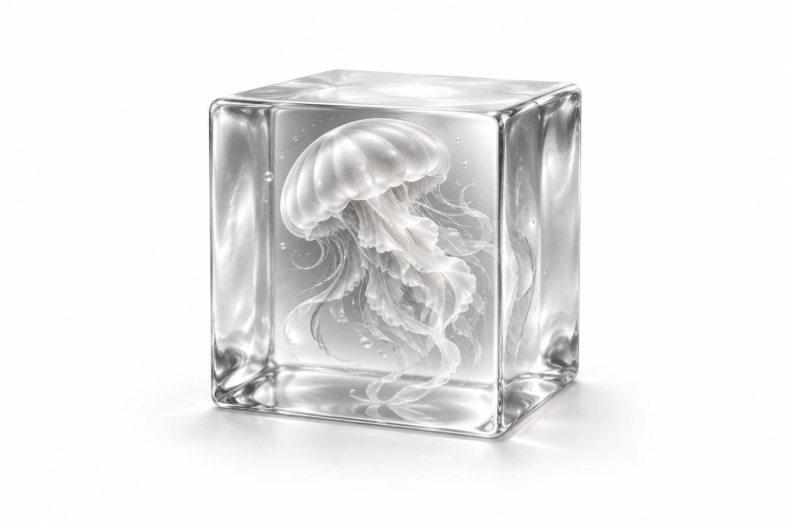 A silver jellyfish suspended inside a translucent glass cube.